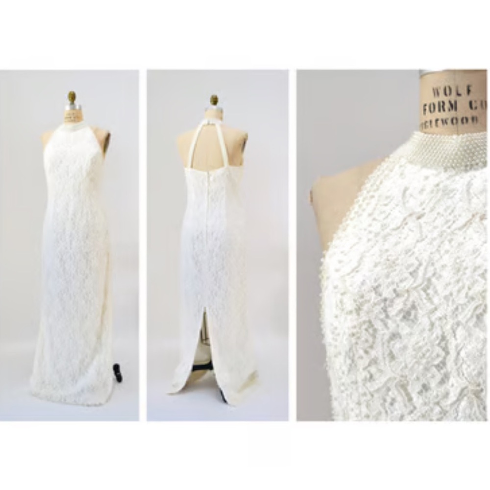 St. Tropez Vintage Ivory Cream Sheath Halter Dress with Slit Size 6 - Picture 4 of 5